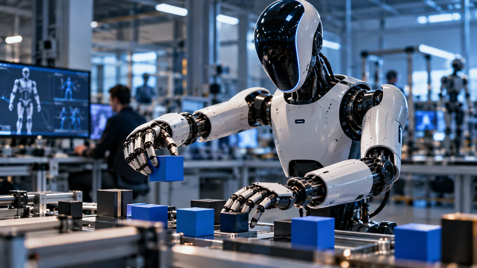 Illustrasjon av en humanoid robot som flytter klosser i et kontrollert treningslaboratorium, med digitale robotmodeller på en skjerm.
