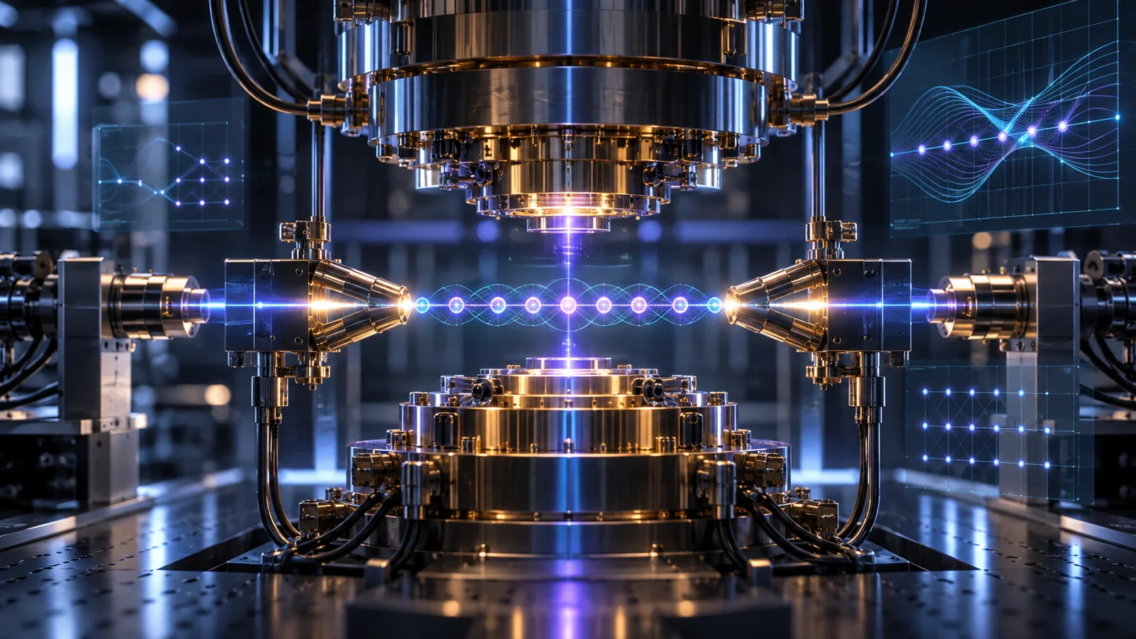 Illustrasjon av et ionefellebasert kvantesystem med en lysende rekke fangede ioner mellom laboratoriekomponenter.